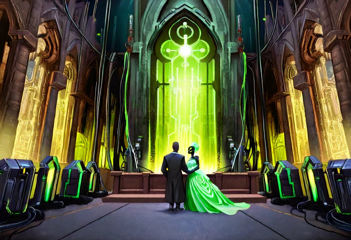 Bride and groom Borg drones exchanging invasive cable conduits instead of rings.