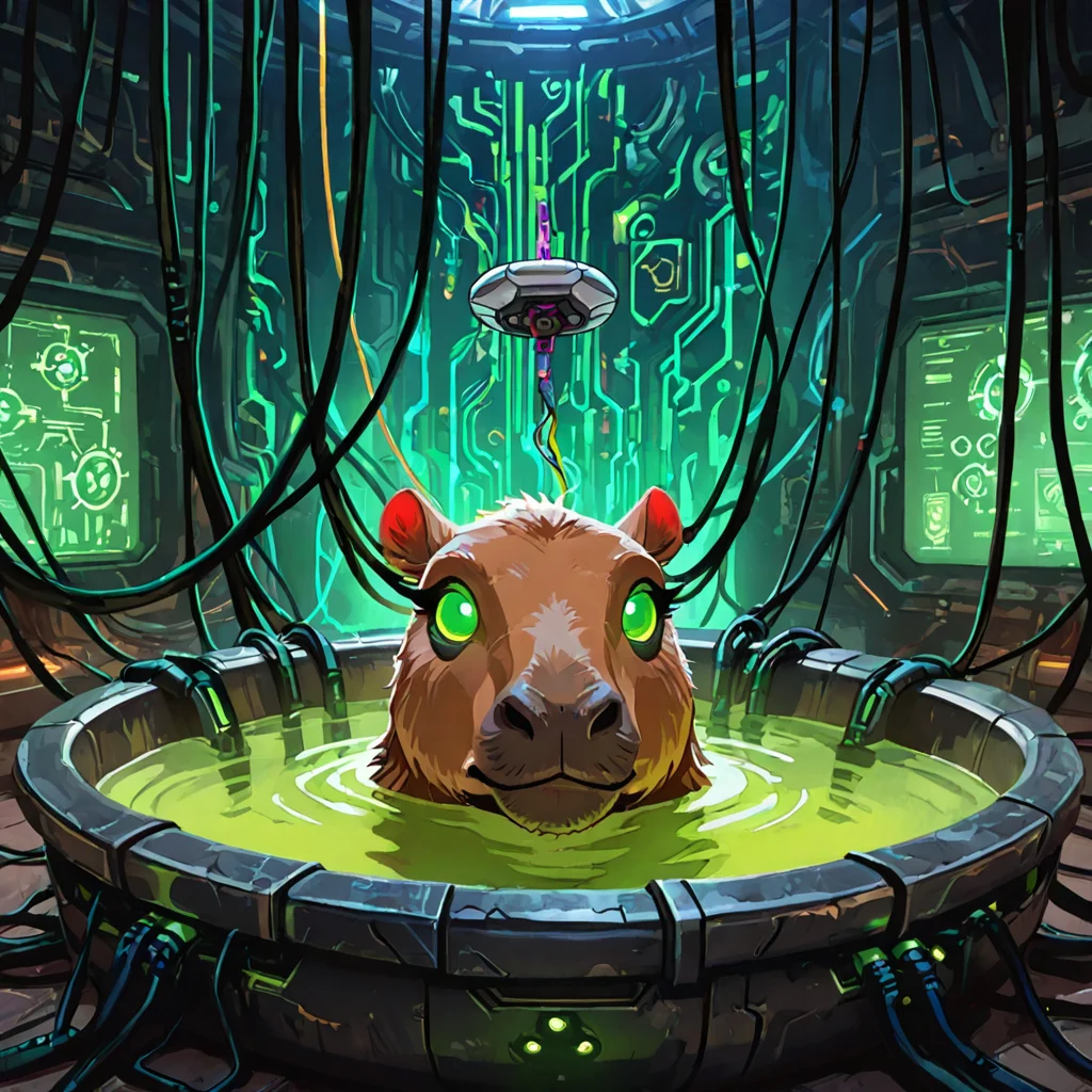 Capybara chilling in a glowing vat of nanoprobes, cables plugged into skull.