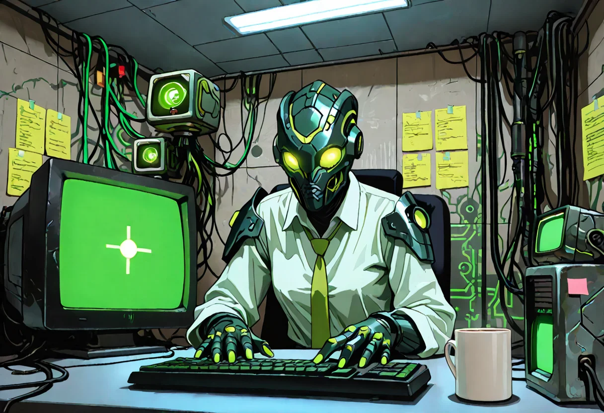 Exhausted office worker drone staring at CRT showing 104% assimilation quota.