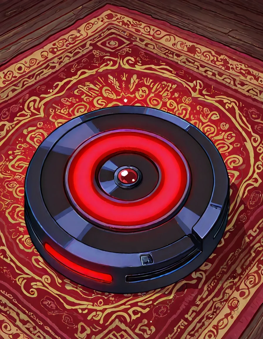 Robotic vacuum cleaner trapped by Persian rug tassels with a blinking ruby beacon.