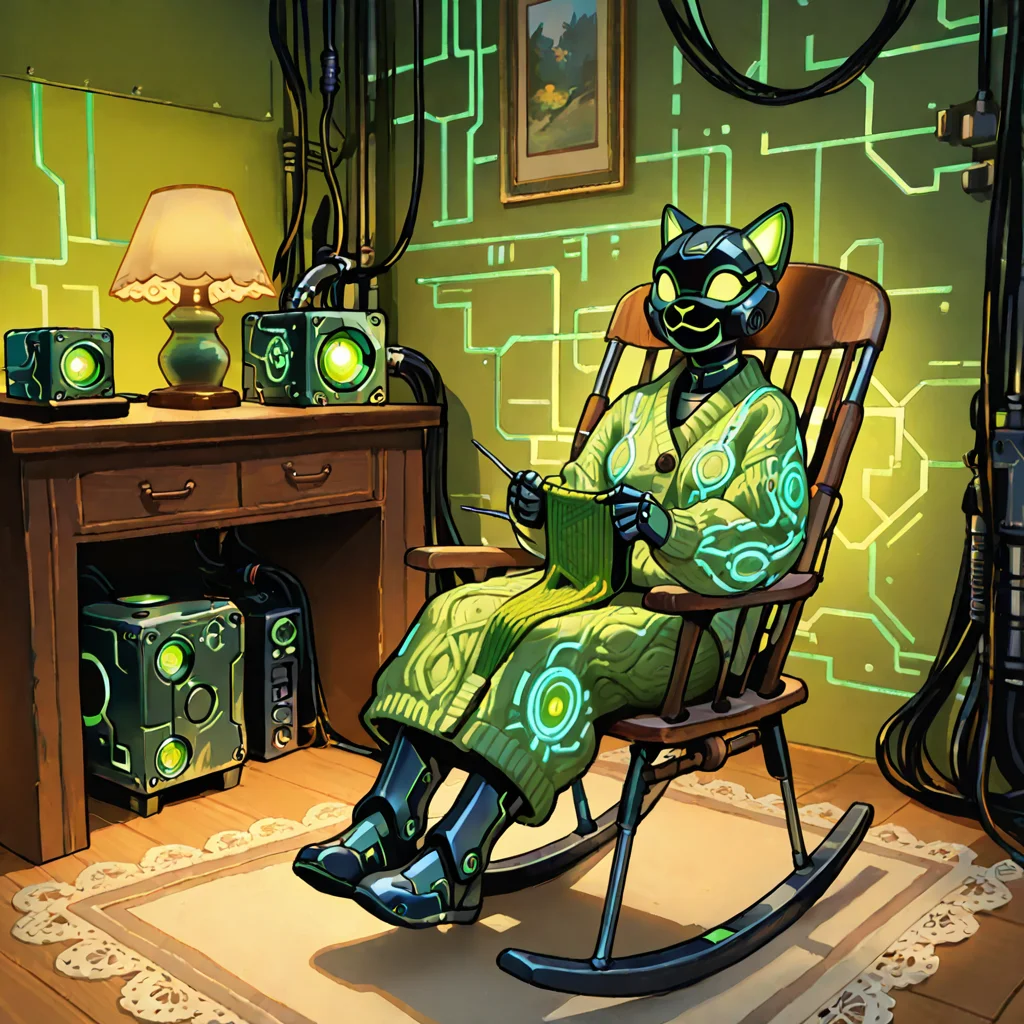 80-year-old grandma drone knitting cable conduits into glowing green booties.
