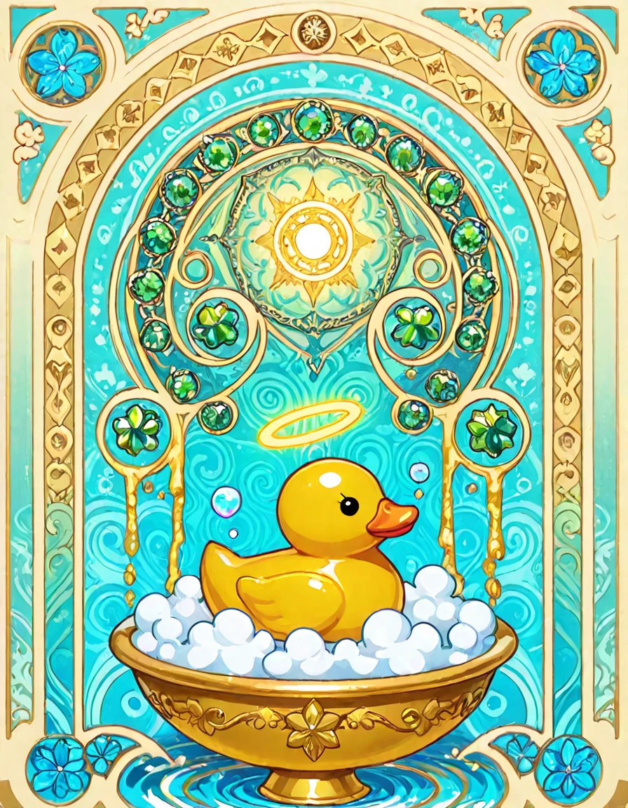 Iconic yellow rubber duck floating with a golden halo among shampoo disciples.