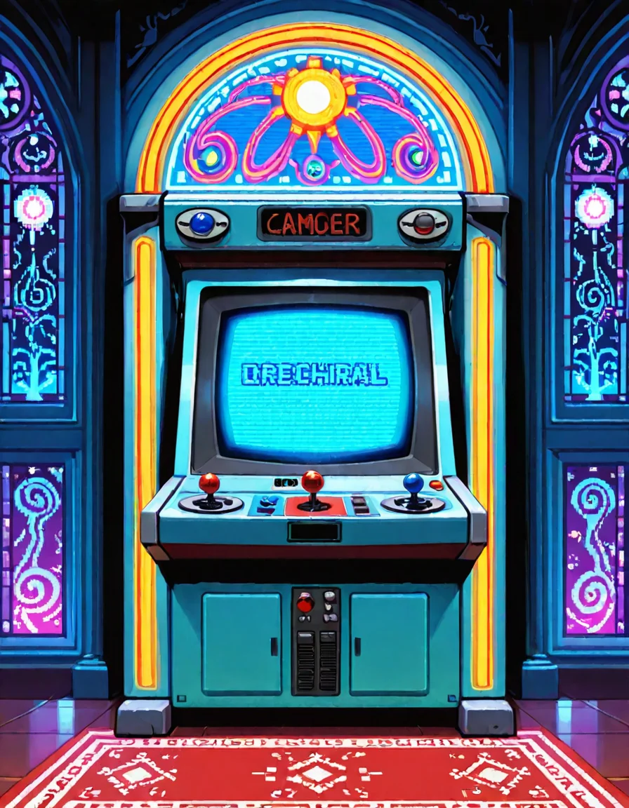 Vintage 1980s upright arcade cabinet glowing with pixelated sacred neon.