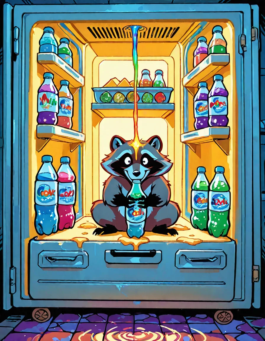Raccoon caught in the sacred 3 AM glow of an open refrigerator raiding snacks.