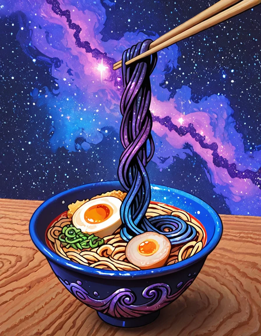 Steaming ramen bowl holding an entire cosmic spiral galaxy with luminous broth.