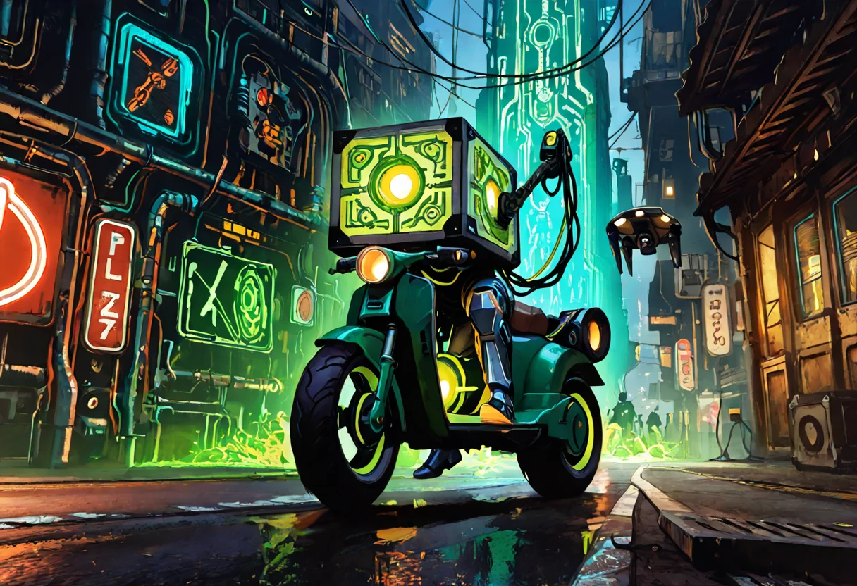 Courier riding a hover-scooter delivering conductive cheese pizza.