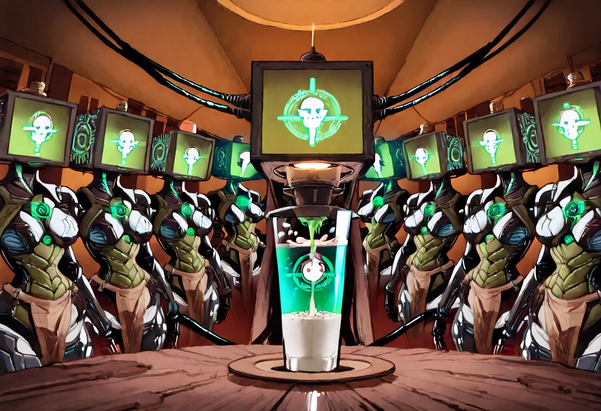 Barista drone carefully pouring glowing green Borg insignia latte art.