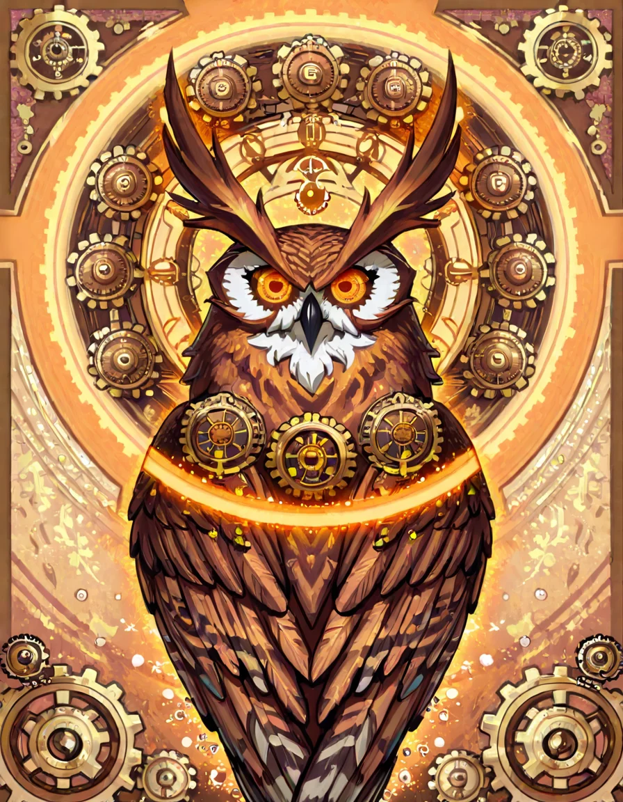 Steampunk horned owl with glowing amber eyes and embedded mechanical dials.