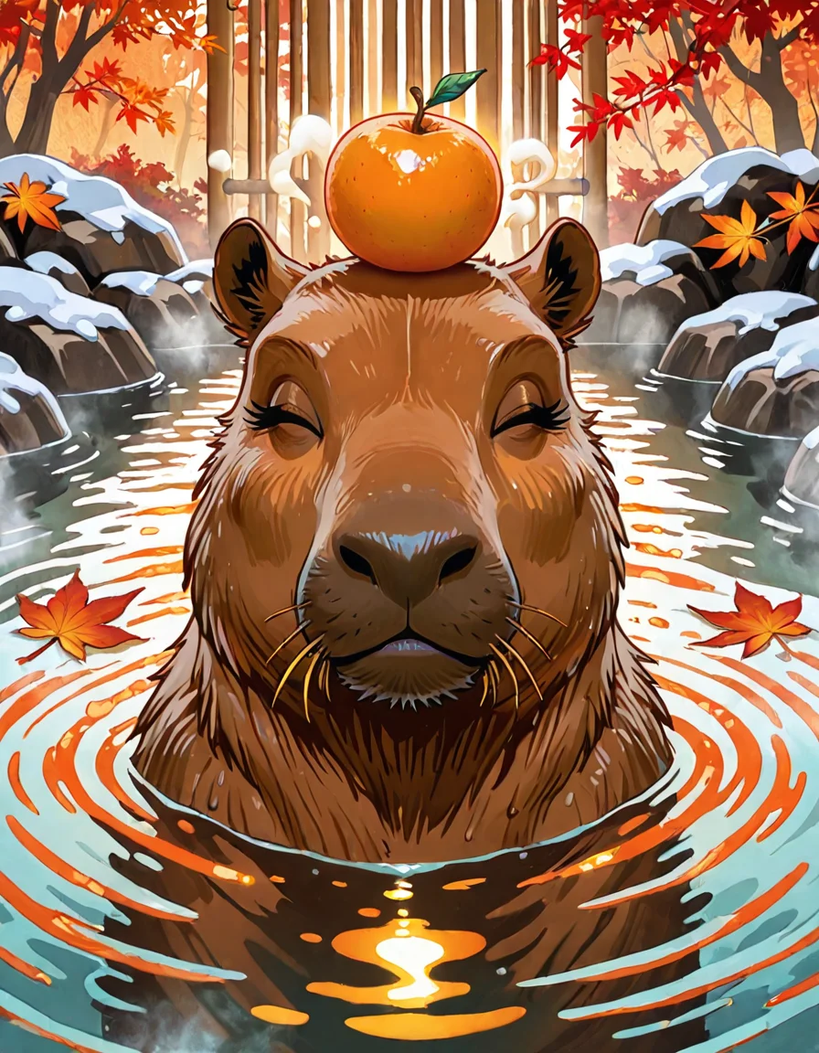 Serene capybara crowned with a glowing orange yuzu fruit in steaming hot springs.