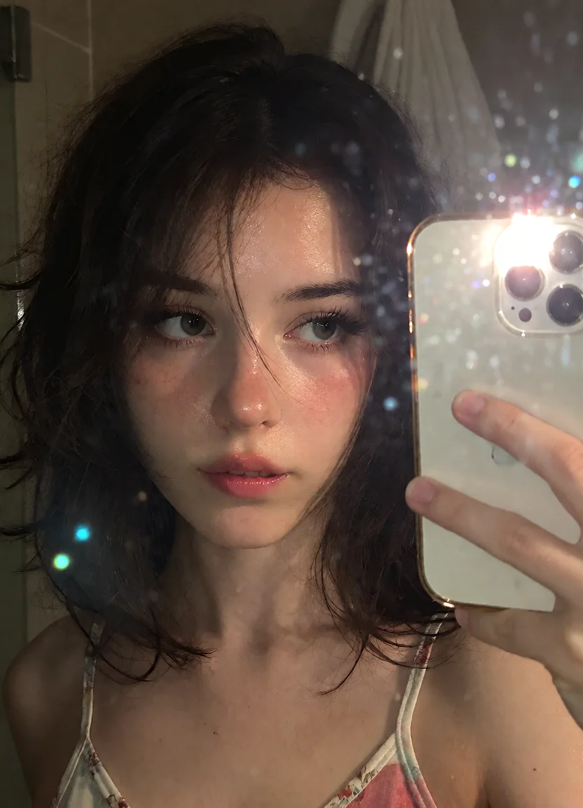 Civitai #144293122 Bathroom Mirror Selfie: Vanity Flash & Glass Optics