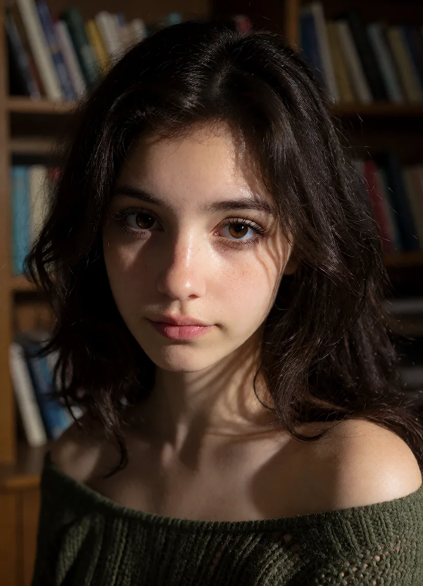 Civitai #144290923 Bookshelf Study Portrait: Off-Shoulder Knit & 50mm Bokeh - Krea 2 DiT ComfyUI workflow artwork