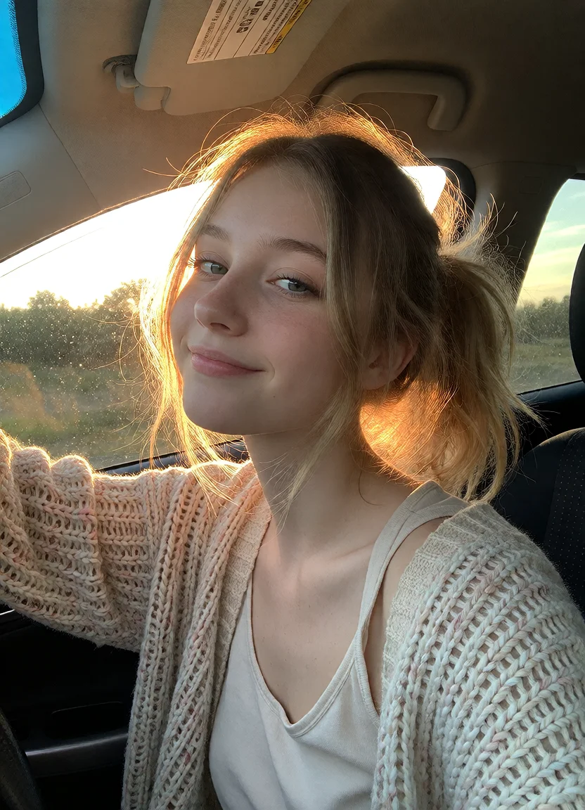 Civitai #144303023 Car Window Smile: Passenger Window Wind-Tousled Golden Hour