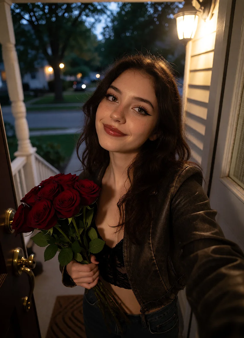Civitai #144323059 Doorstep Roses: Golden Hour Leather & Natural 35mm Realism