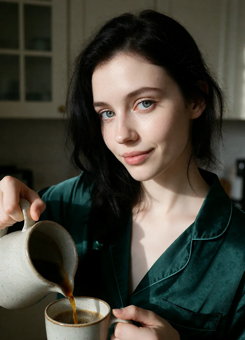 Civitai #144297408 Kitchen Silk Pajamas: Morning Coffee & High-Key Realism