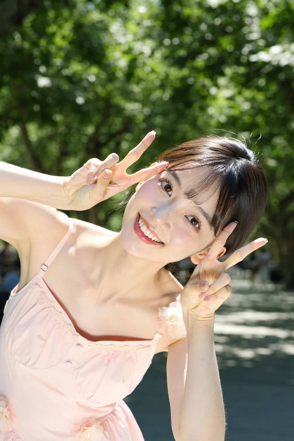 Civitai #147179452: Summer Park Pastel Sundress & Double Peace Sign - MOSS Image