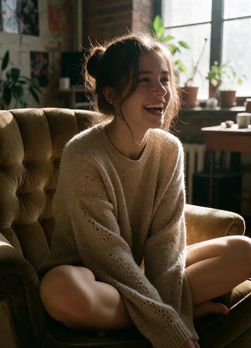 Civitai #144303051 Velvet Armchair Studio: Loft Candid Laugh & Warm Backlight - Krea 2 DiT ComfyUI workflow artwork